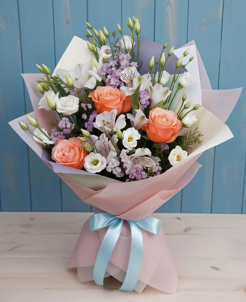 Букет цветов из: Лизиантусы, Розы, Альстромерии и Гипсофила в Глинищево