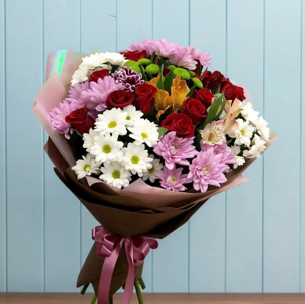 Букет цветов из: Розы, Хризантемы и Альстромерии в Глинищево