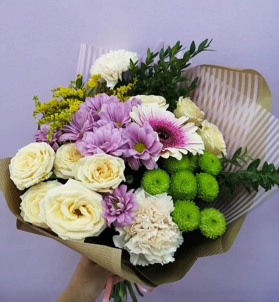 Букет цветов из: Хризантемы, Розы, Гвоздики и Герберы в Глинищево