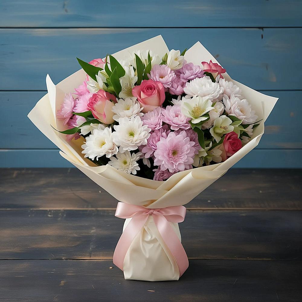 Букет цветов из: Хризантемы, Альстромерии и Розы в Глинищево